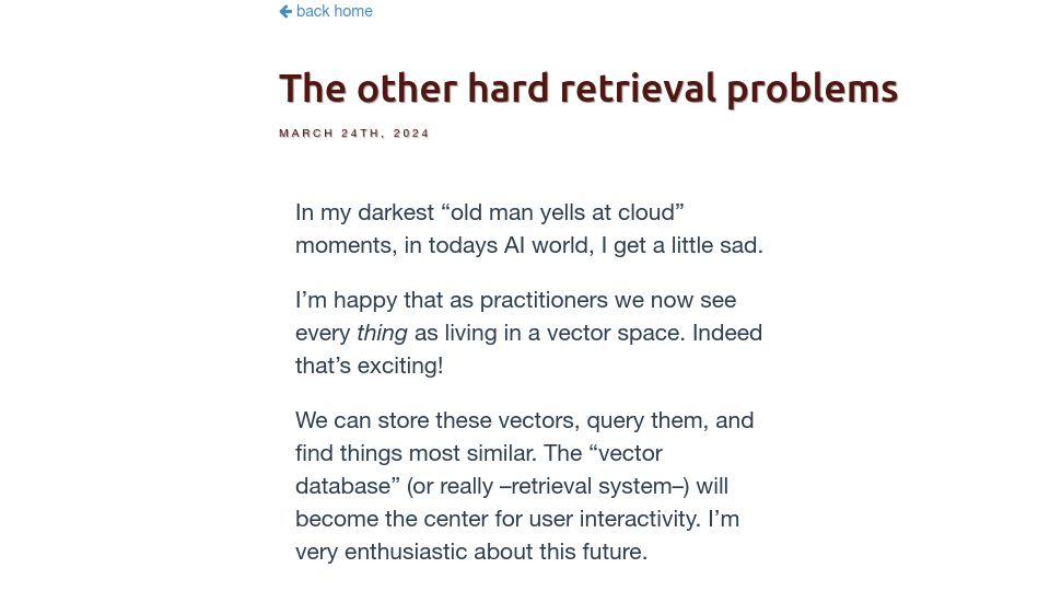 Screenshot of softwaredoug.com: The other hard retrieval problems