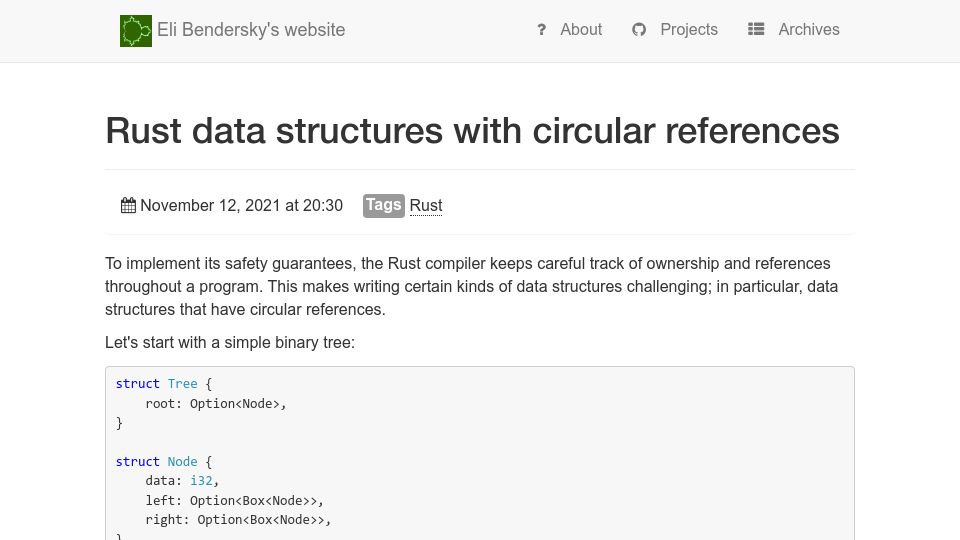 Screenshot of eli.thegreenplace.net: Rust data structures with circular references (2021)