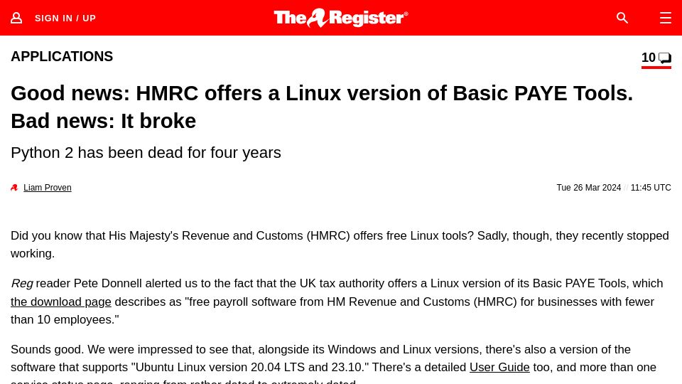 Screenshot of theregister.com: HMRC offers a Linux version of Basic PAYE Tools, but it recently stopped working