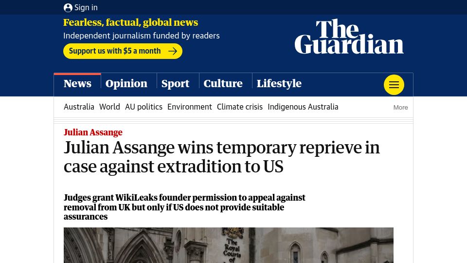 Screenshot of theguardian.com: Julian Assange granted permission to appeal against extradition to US