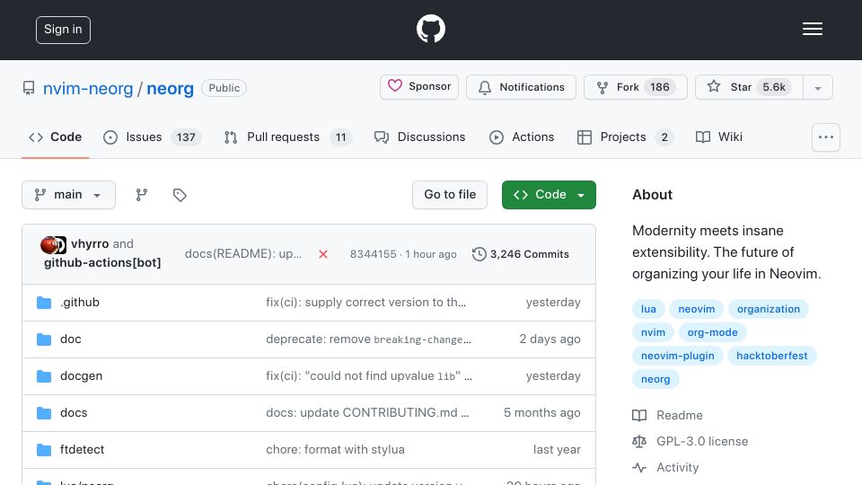Screenshot of github.com: Neorg – organize your life in Neovim