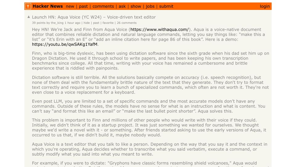 Screenshot of Hacker News post: Launch HN: Aqua Voice (YC W24) – Voice-driven text editor