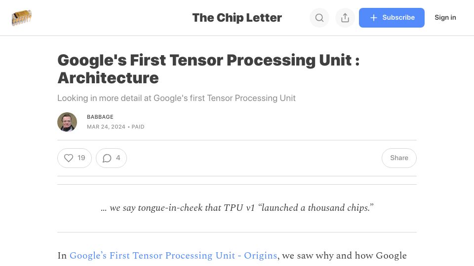 Screenshot of thechipletter.substack.com: Google's First Tensor Processing Unit: Architecture