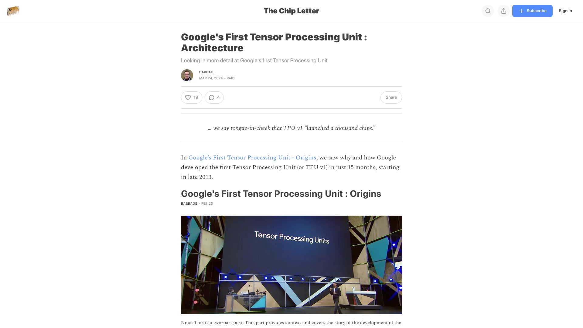 Screenshot of thechipletter.substack.com: Google's First Tensor Processing Unit: Architecture