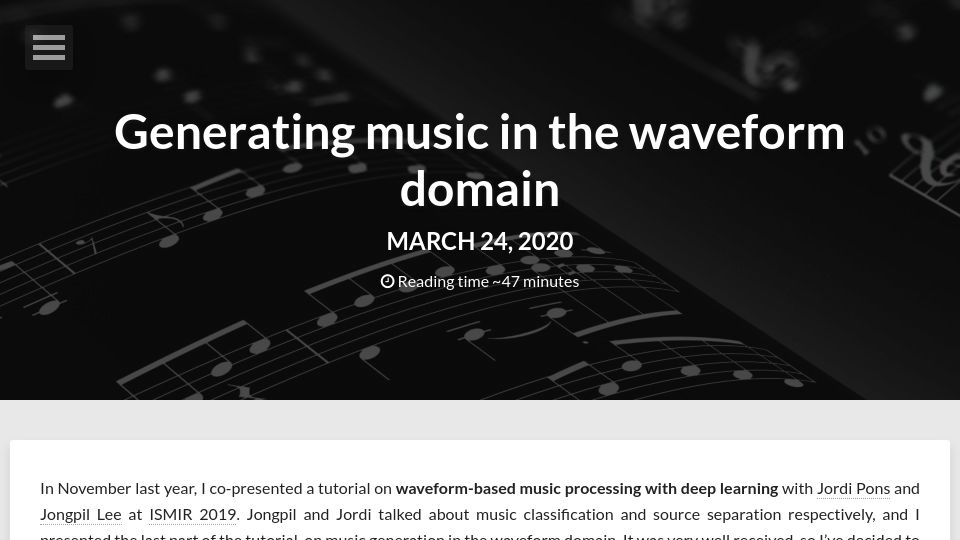 Screenshot of sander.ai: Generating music in the waveform domain (2020)