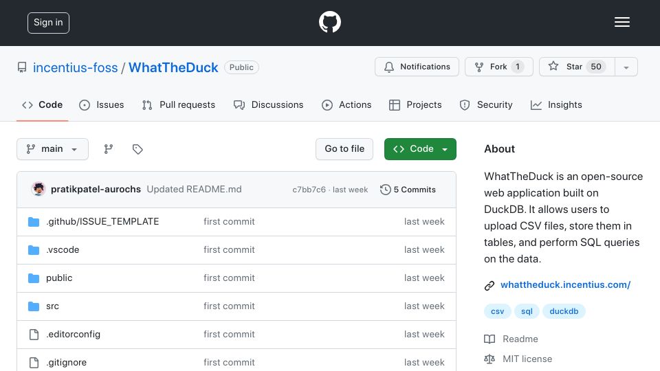Screenshot of github.com: Show HN: WhatTheDuck – open-source, in-browser SQL on CSV files