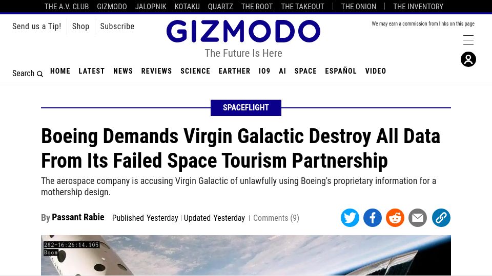 Screenshot of gizmodo.com: Boeing Demands Virgin Galactic Destroy All Data from Failed Partnership