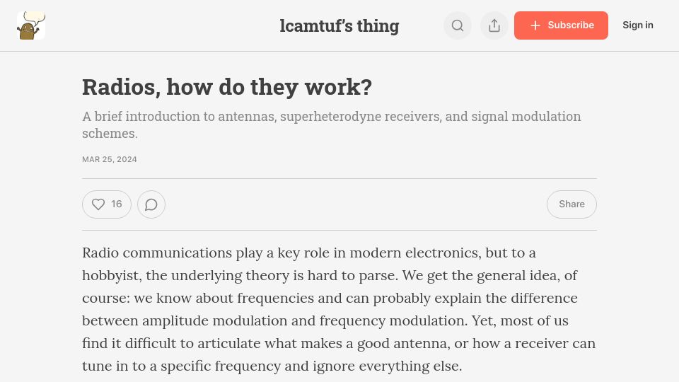 Screenshot of lcamtuf.substack.com: Radios, how do they work?