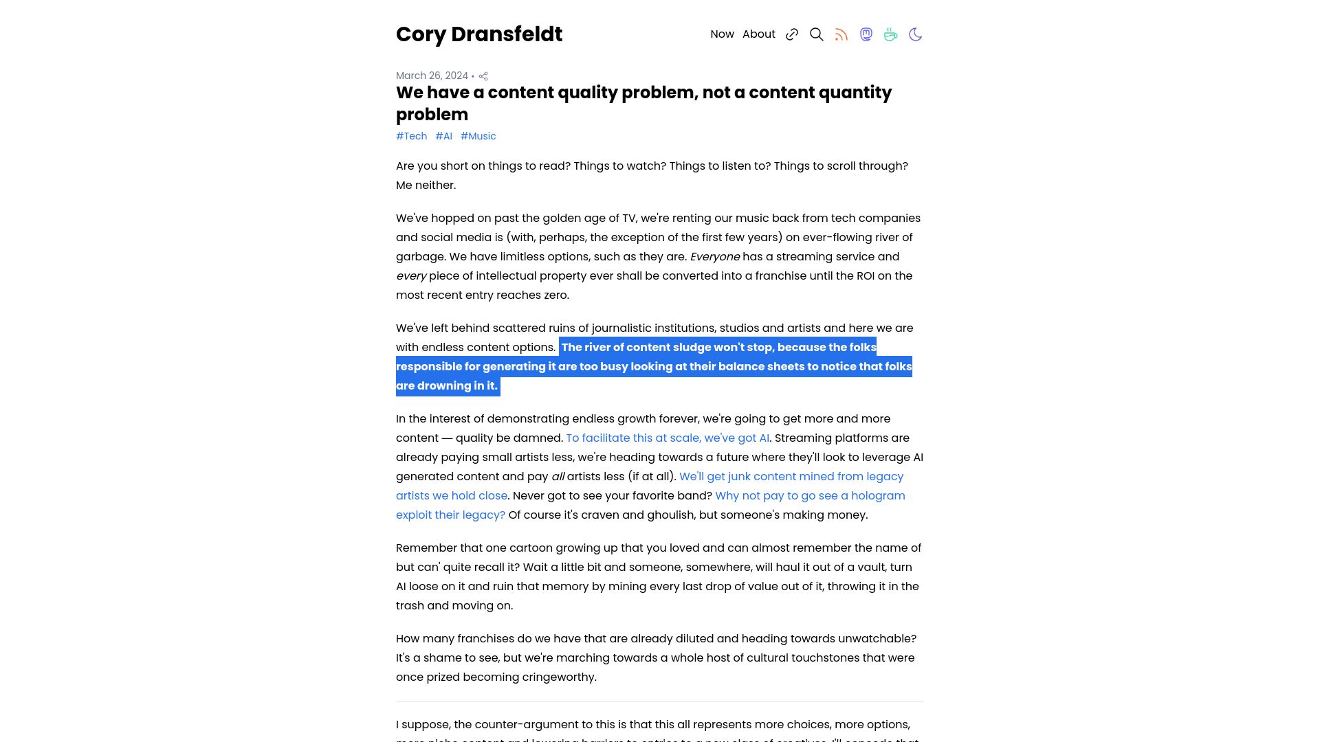 Screenshot of coryd.dev: We have a content quality problem, not a content quantity problem