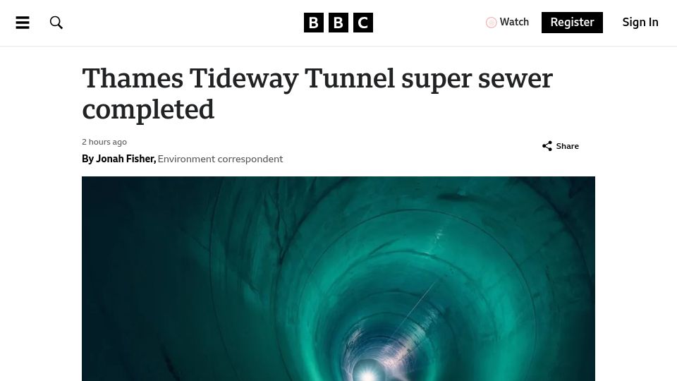 Screenshot of bbc.com: Thames Tideway Tunnel super sewer completed