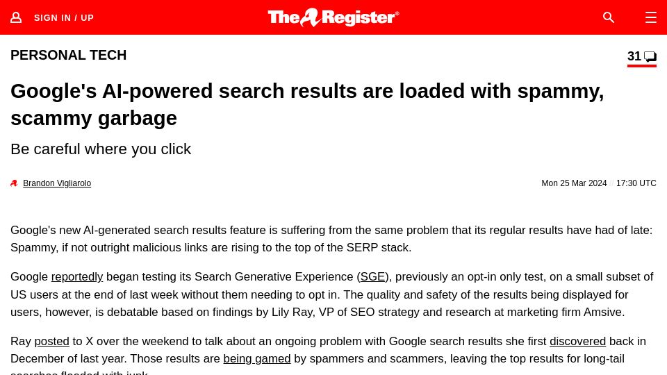 Screenshot of theregister.com: Google's AI-powered search results are loaded with spammy, scammy garbage