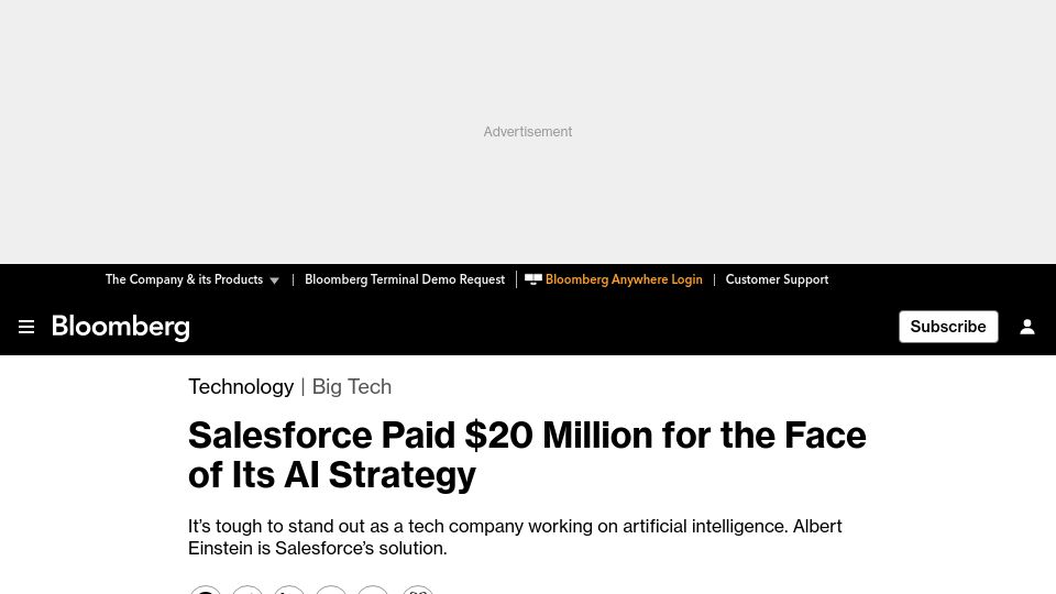 Screenshot of bloomberg.com: Salesforce Paid $20M to License Einstein