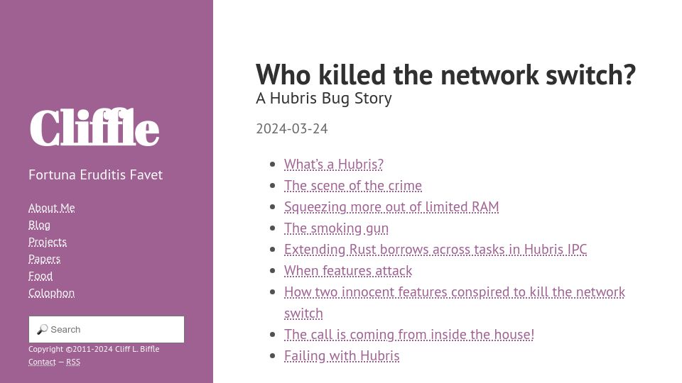 Screenshot of cliffle.com: Who killed the network switch? A Hubris Bug Story