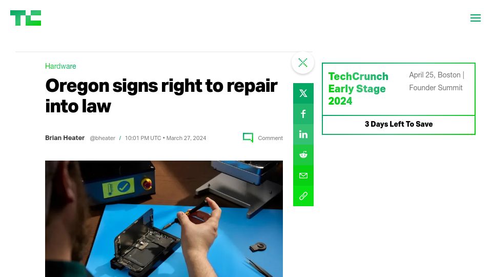 Screenshot of techcrunch.com: Oregon signs right to repair into law
