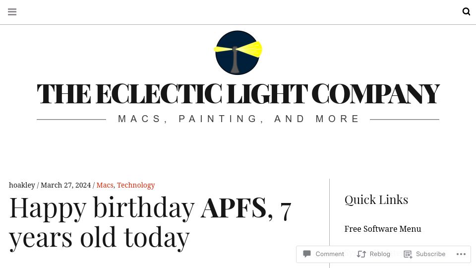 Screenshot of eclecticlight.co: Happy birthday APFS, 7 years old today