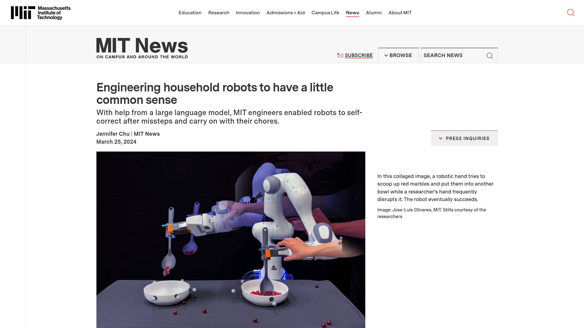 Screenshot of news.mit.edu: Engineering household robots to have a little common sense