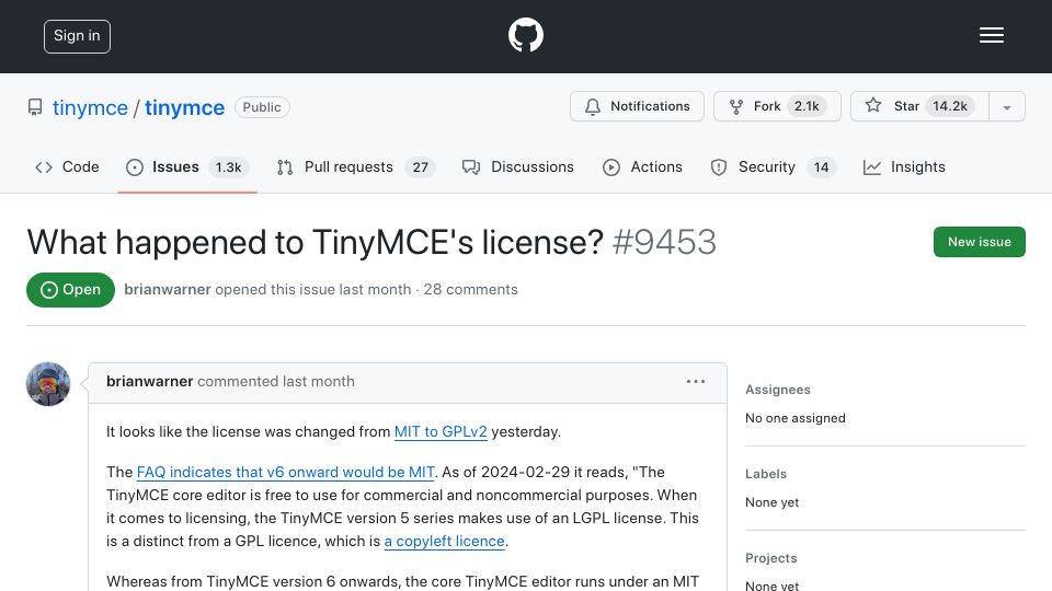 Screenshot of github.com: TinyMCE (also) moving from MIT to GPL