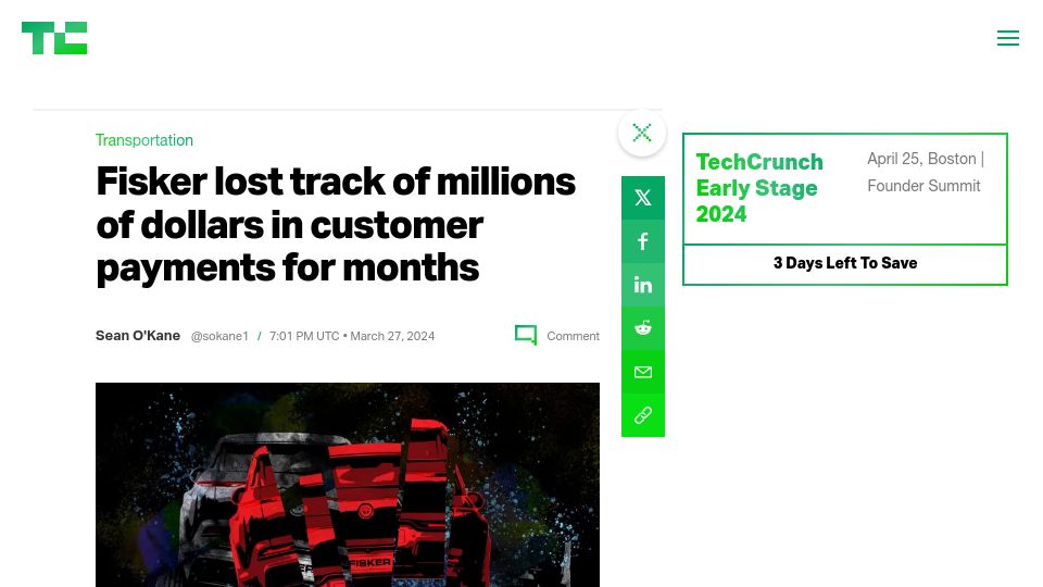 Screenshot of techcrunch.com: Fisker lost track of millions of dollars in customer payments for months