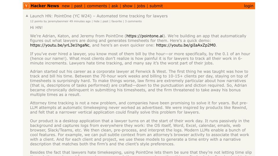 Screenshot of Hacker News post: Launch HN: PointOne (YC W24) – Automated time tracking for lawyers