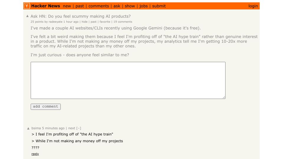 Screenshot of Hacker News post: Ask HN: Do you feel scummy making AI products?