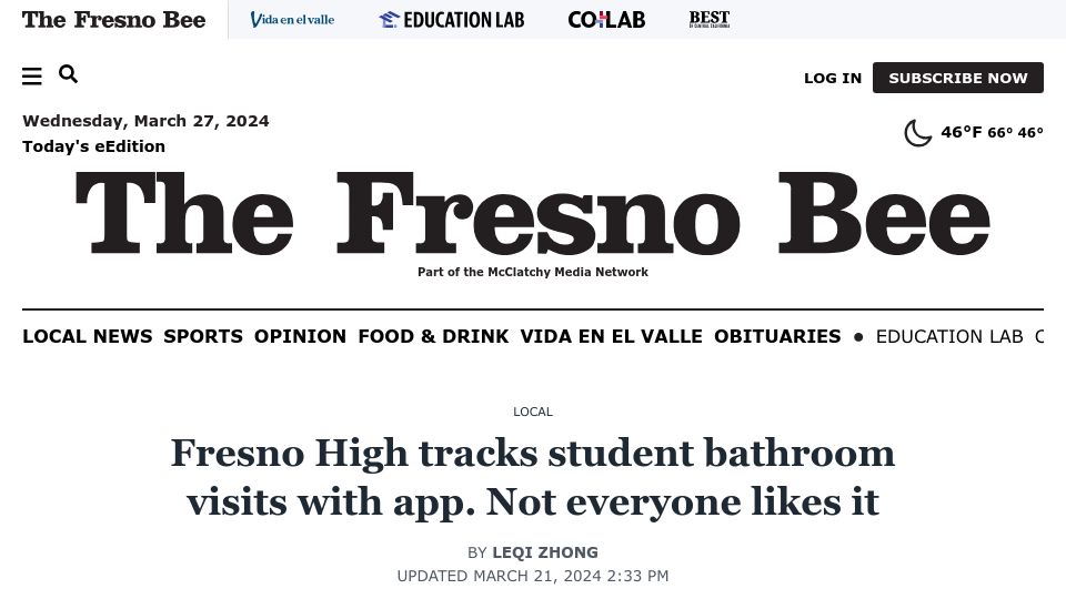 Screenshot of fresnobee.com: Fresno High tracks student bathroom visits with app. Not everyone likes it