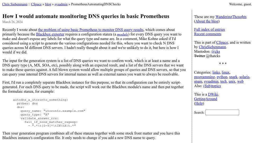 Screenshot of utcc.utoronto.ca: How I would automate monitoring DNS queries in basic Prometheus