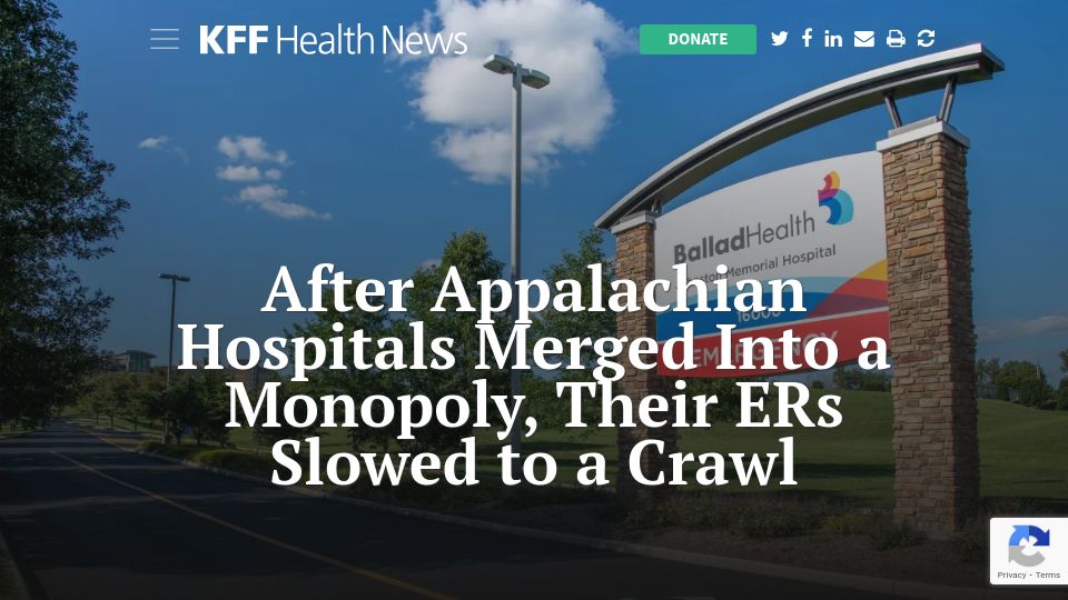 Screenshot of kffhealthnews.org: After Appalachian hospitals merged, their ERs became much slower