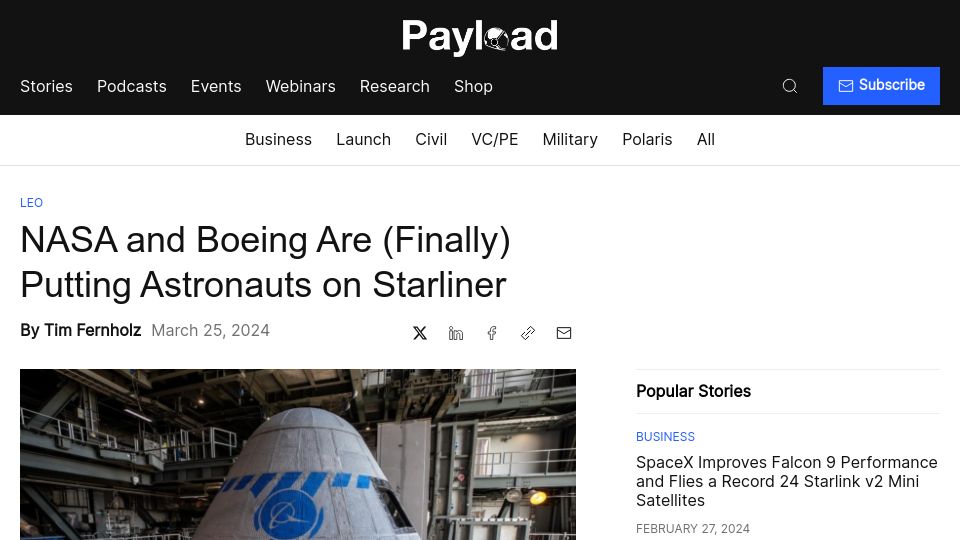 Screenshot of payloadspace.com: NASA and Boeing Are (Finally) Putting Astronauts on Starliner