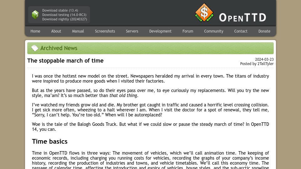 Screenshot of openttd.org: The Stoppable March of Time