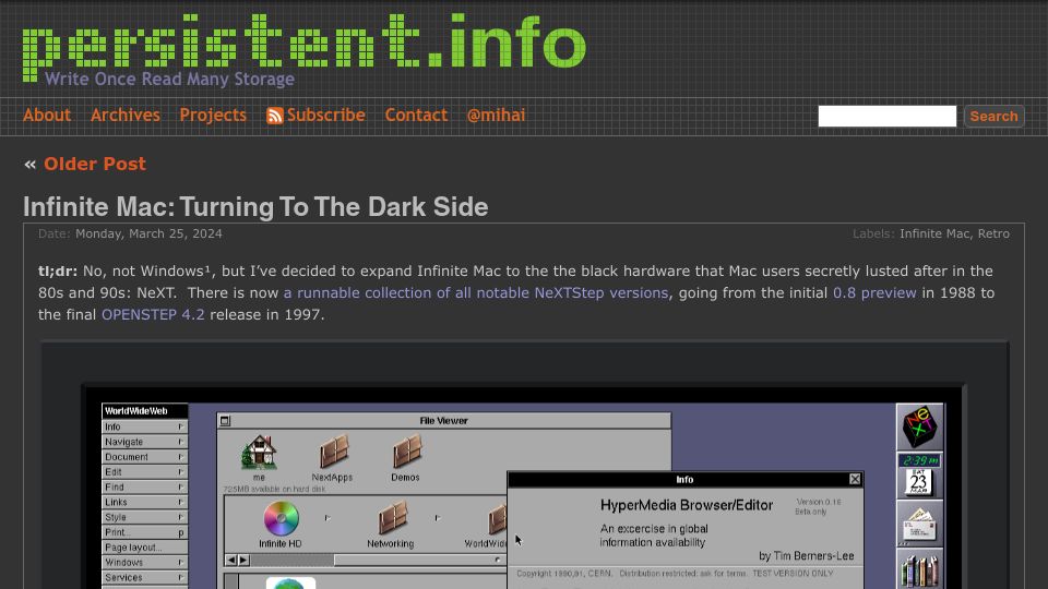 Screenshot of blog.persistent.info: Infinite Mac: Turning to the dark side
