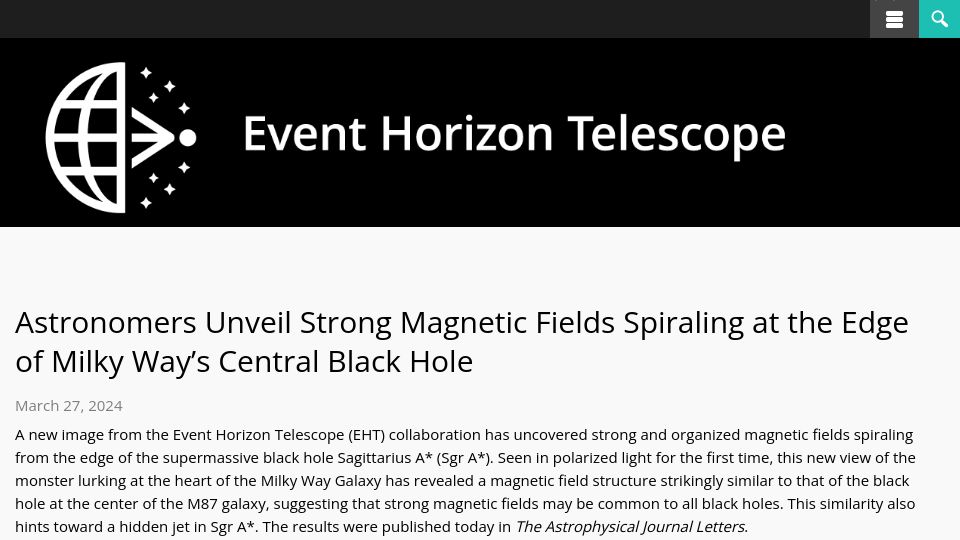 Screenshot of eventhorizontelescope.org: Astronomers unveil strong magnetic fields spiraling Milky Way's black hole