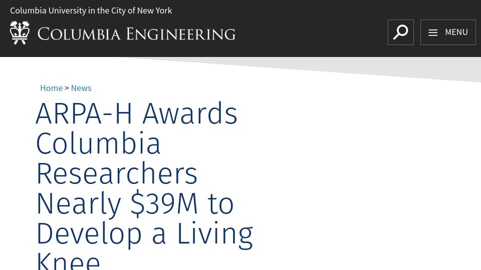 Screenshot of engineering.columbia.edu: A living replacement knee to be tested in clinical trials within five years