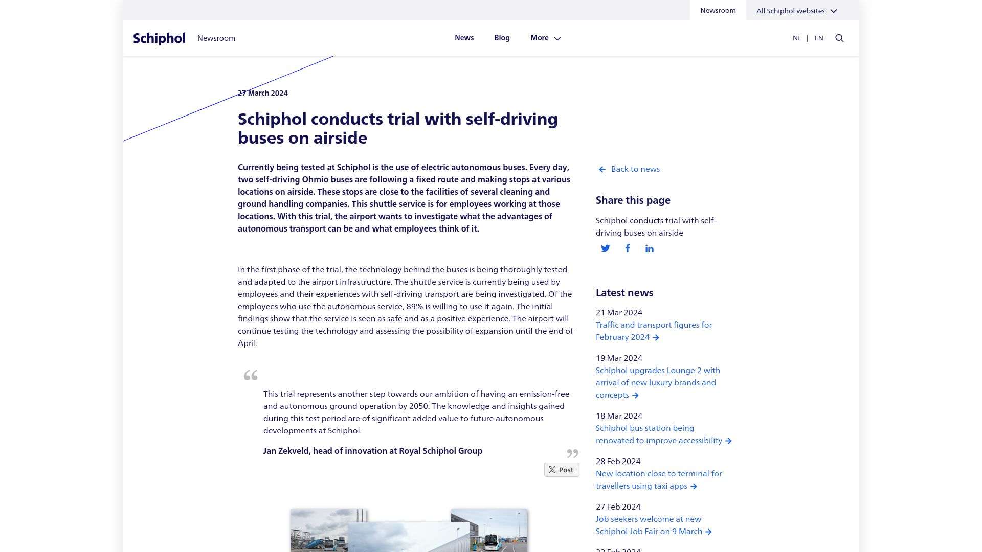 Screenshot of news.schiphol.com: Schiphol conducts trial with self-driving buses on airside