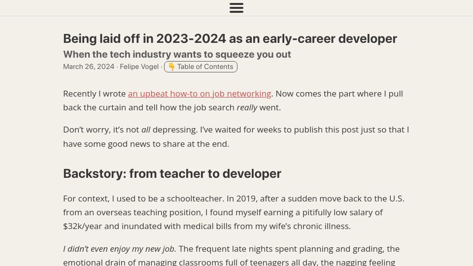 Screenshot of fpsvogel.com: Being laid off in 2023-2024 as an early-career developer