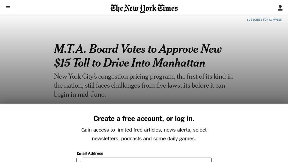 Screenshot of nytimes.com: MTA board votes to approve new $15 toll to drive into Manhattan