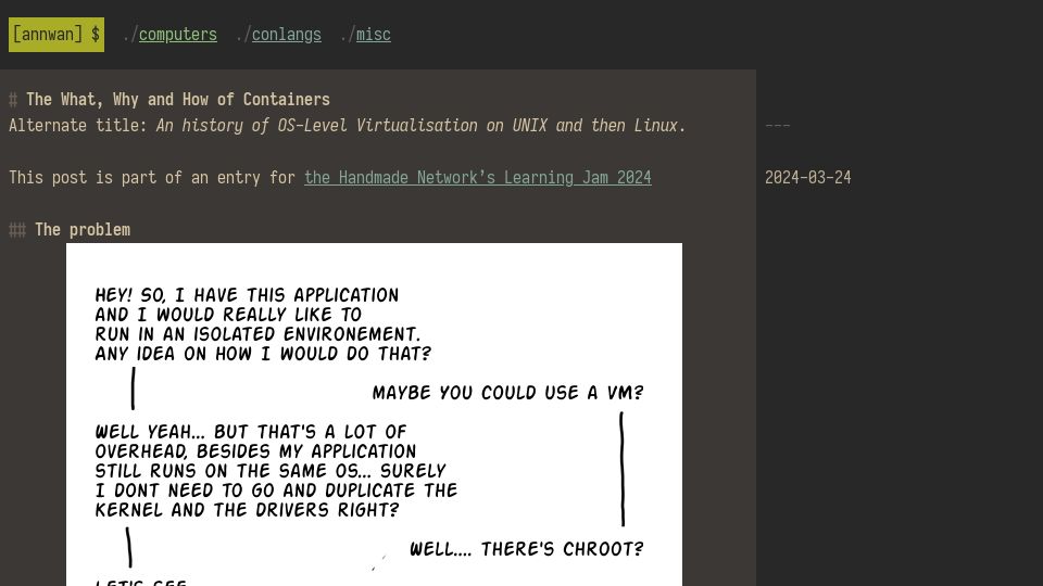 Screenshot of annwan.me: The What, Why and How of Containers