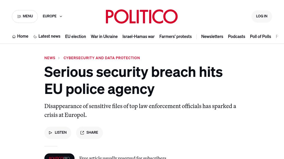 Screenshot of politico.eu: Serious security breach hits EU police agency