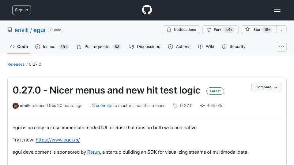 Screenshot of github.com: Egui 0.27 – easy-to-use immediate mode GUI for Rust