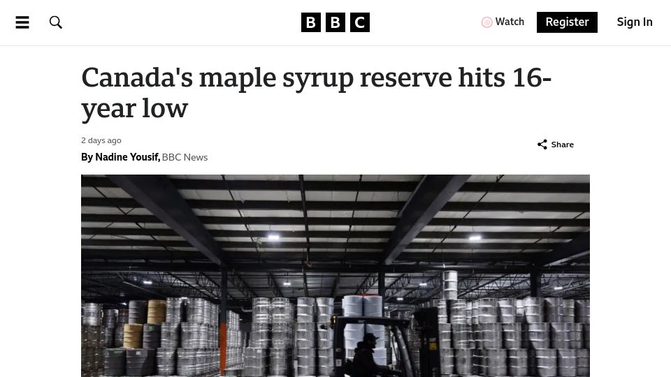 Screenshot of bbc.com: Canada's maple syrup reserve hits 16-year low