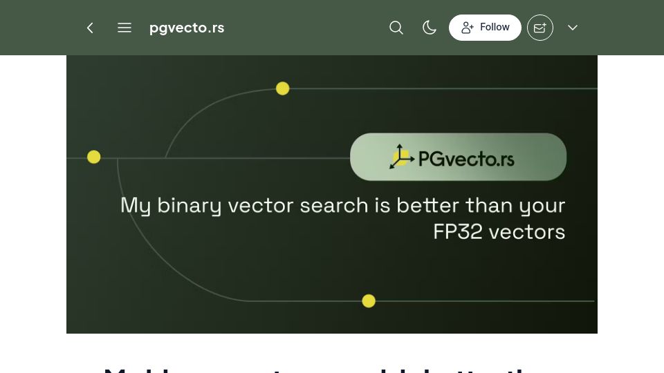 Screenshot of blog.pgvecto.rs: Binary vector search is better than FP32 vectors