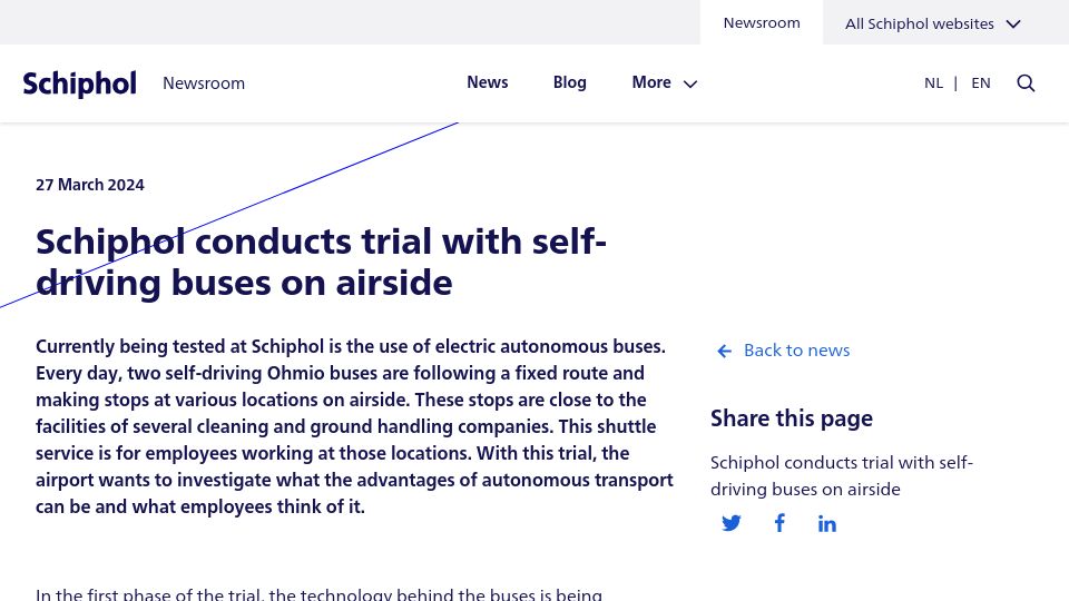 Screenshot of news.schiphol.com: Schiphol conducts trial with self-driving buses on airside
