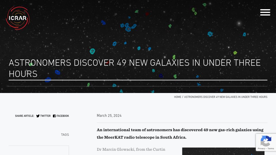 Screenshot of icrar.org: Astronomers find 49 galaxies in under three hours