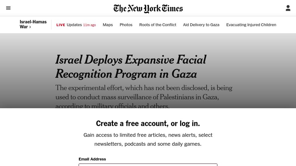 Screenshot of nytimes.com: Israel Deploys Expansive Facial Recognition Program in Gaza