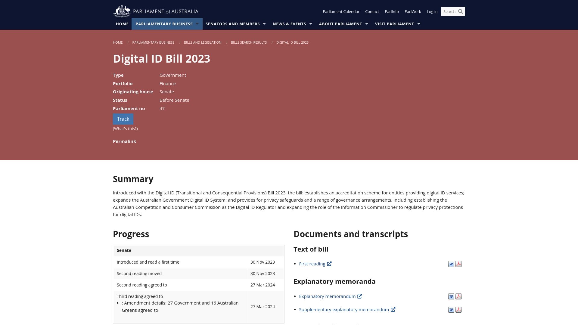 Screenshot of aph.gov.au: Australian Digital ID Bill to be passed without debate