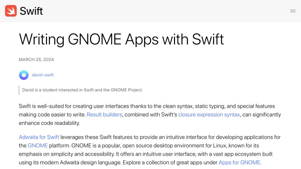 Screenshot of swift.org: Writing Gnome Apps with Swift