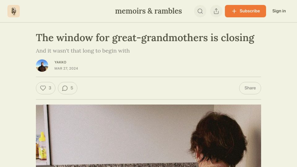 Screenshot of memoirsandrambles.substack.com: The window for great-grandmothers is closing