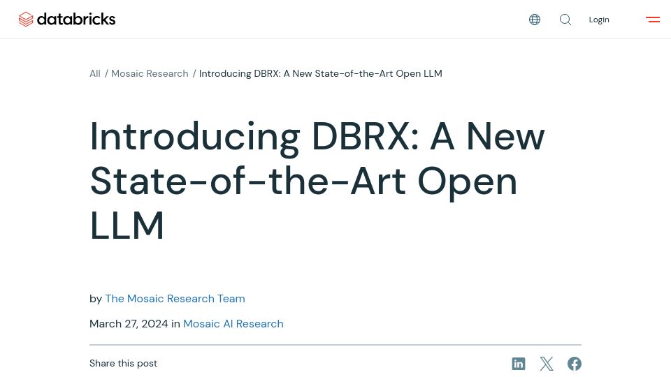 Screenshot of databricks.com: DBRX: A new open LLM