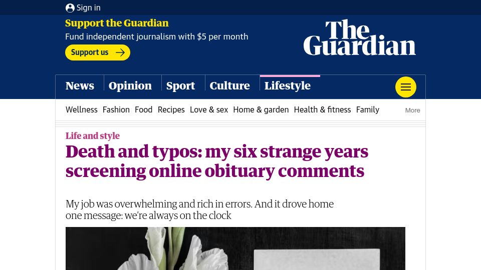 Screenshot of theguardian.com: Death and typos: my six years screening online obituary comments