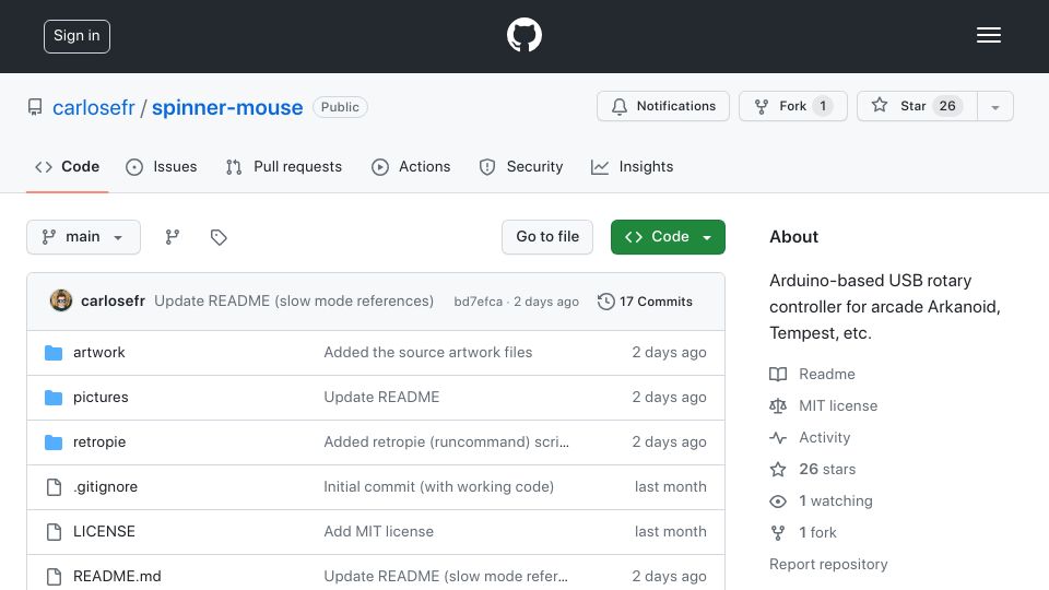 Screenshot of github.com: Spinner-mouse: Arduino-based USB rotary controller for Arkanoid, Tempest, etc.