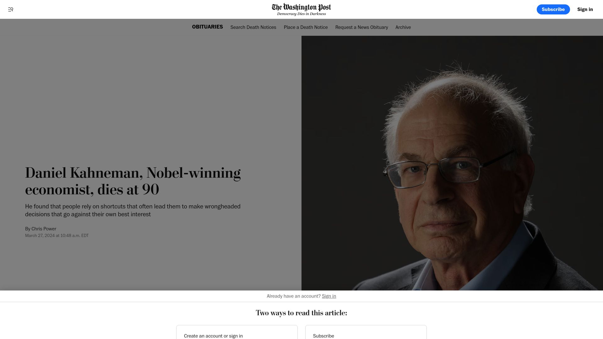 Screenshot of washingtonpost.com: Daniel Kahneman has died